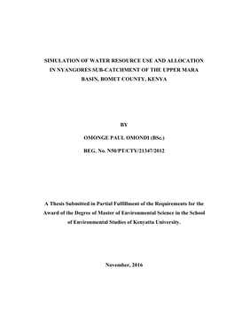 Simulation of Water Resource Use and Allocation in Nyangores Sub-Catchment of the Upper Mara Basin, Bomet County, Kenya