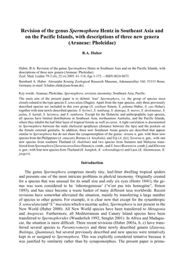 Revision of the Genus Spermophora Hentz in Southeast Asia and on the Pacific Islands, with Descriptions of Three New Genera (Araneae: Pholcidae)