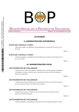 BOLETÍN OFICIAL DE LA PROVINCIA DE VALLADOLID Número 2020/210 Martes, 03 De Noviembre De 2020