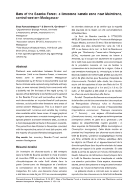 Bats of the Beanka Forest, a Limestone Karstic Zone Near Maintirano, Central Western Madagascar