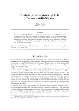 Analysis of Stable Matchings in R: Package Matchingmarkets