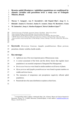 Brassica Aphid (Hemiptera: Aphididae) Populations Are Conditioned by 2 Climatic Variables and Parasitism Level: a Study Case of Triângulo 3 Mineiro, Brazil