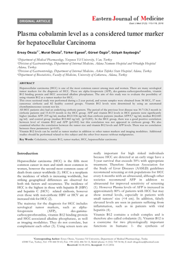 Plasma Cobalamin Level As a Considered Tumor Marker for Hepatocellular Carcinoma