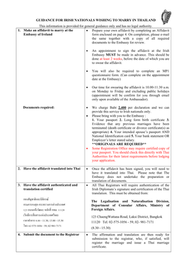 GUIDANCE for IRISH NATIONALS WISHING to MARRY in THAILAND This Information Is Provided for General Guidance Only and Has No Legal Authority