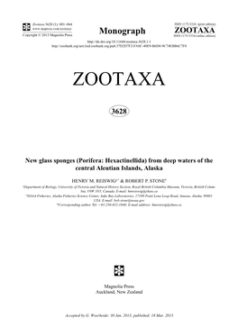 (Porifera: Hexactinellida) from Deep Waters of the Central Aleutian Islands, Alaska