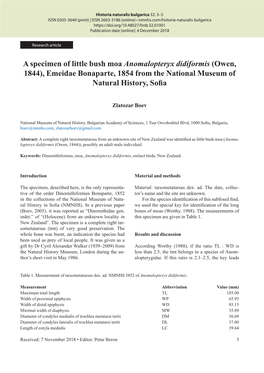 A Specimen of Little Bush Moa Anomalopteryx Didiformis (Owen, 1844), Emeidae Bonaparte, 1854 from the National Museum of Natural History, Sofia
