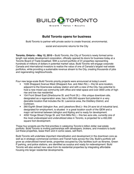 Build Toronto Opens for Business Build Toronto to Partner with Private Sector to Create ﬁnancial, Environmental, Social and Economic Returns for the City