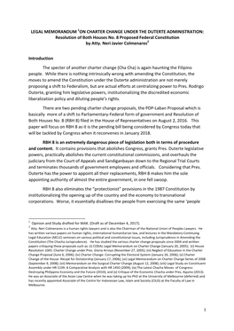 LEGAL MEMORANDUM 1ON CHARTER CHANGE UNDER the DUTERTE ADMINISTRATION: Resolution of Both Houses No