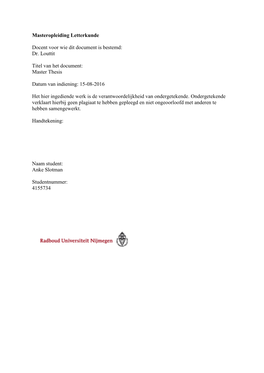 Masteropleiding Letterkunde Docent Voor Wie Dit Document Is Bestemd: Dr. Louttit Titel Van Het Document: Master Thesis Da