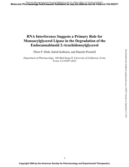 RNA Interference Suggests a Primary Role for Monoacylglycerol Lipase in the Degradation of the Endocannabinoid 2-Arachidonoylglycerol