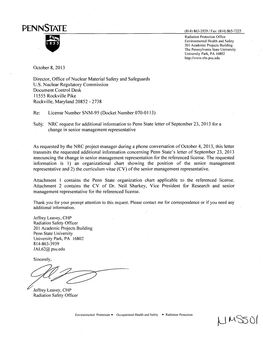 NRC Request for Additional Information to Penn State Letter of September 23, 2013 for a Change in Senior Management Representati