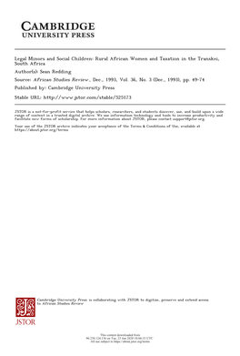 Rural African Women and Taxation in the Transkei, South Africa Author(S): Sean Redding Source: African Studies Review , Dec., 1993, Vol