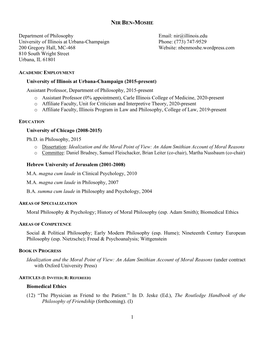 1 Department of Philosophy Email: Nir@Illinois.Edu University of Illinois at Urbana-Champaign Phone: (773) 747-9529 200 Gregor