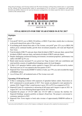Final Results for the Year Ended 30 June 2017