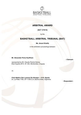 Arbitral Award Basketball Arbitral Tribunal (Bat)