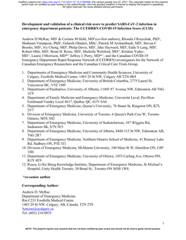 Development and Validation of a Clinical Risk Score to Predict SARS-Cov-2 Infection in Emergency Department Patients: the CCEDRRN COVID-19 Infection Score (CCIS)