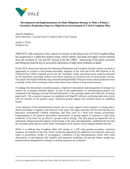 Development and Implementation of a Risk Mitigation Strategy to Mine a Primary- Secondary Production Stope in a High-Stress Environment at VALE Creighton Mine