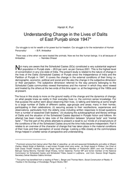Understanding Change in the Lives of Dalits of East Punjab Since 1947*