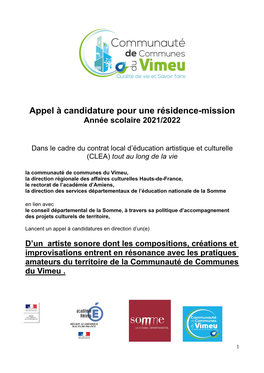 Appel À Candidature Pour Une Résidence-Mission Année Scolaire 2021/2022