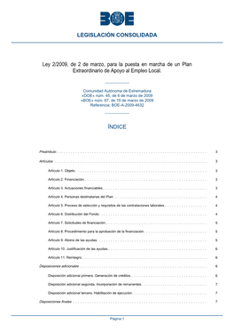 Ley 2/2009, De 2 De Marzo, Para La Puesta En Marcha De Un Plan Extraordinario De Apoyo Al Empleo Local