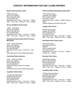 Contact Information for Icbc Claim Centres