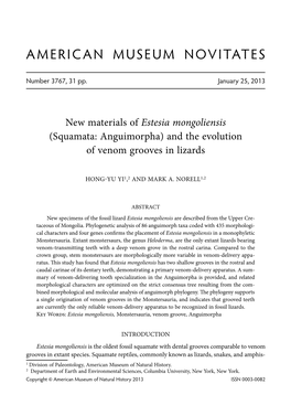 Estesia Mongoliensis (Squamata: Anguimorpha) and the Evolution of Venom Grooves in Lizards