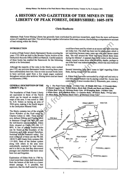 A History and Gazetteer of the Mines in the Liberty of Peak Forest, Derbyshire: 1605-1878