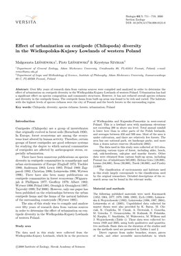 Chilopoda) Diversity in the Wielkopolska-Kujawy Lowlands of Western Poland