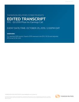 Q3 2019 Pfizer Inc Earnings Call on October 29, 2019 / 2:00PM