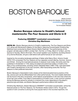 Boston Baroque Returns to Vivaldi's Beloved Masterworks the Four