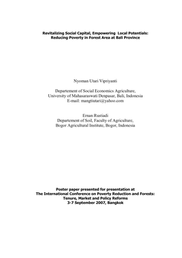 Revitalizing Social Capital, Empowering Local Potentials: Reducing Poverty in Forest Area at Bali Province