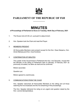 MINUTES of Proceedings of Parliament at Suva on Tuesday, Ninth Day of February, 2021