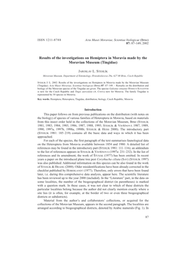 Results of the Investigations on Hemiptera in Moravia Made by the Moravian Museum (Tingidae)