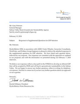 Mr. Gary Petersen General Manager Salinas Valley Basin Groundwater Sustainability Agency Sent by Email to Peterseng@Svbgsa.Org