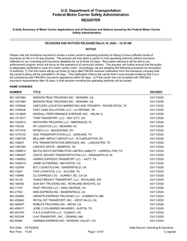 U.S. Department of Transportation Federal Motor Carrier Safety Administration REGISTER