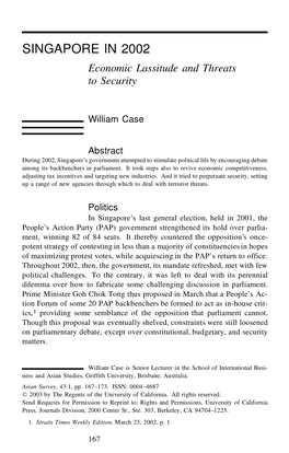 Singapore in 2002: Economic Lassitude and Threats to Security