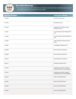 Executive Hearings * the Cases on the Executive Calendar Are Slated to Be Decided by the Board on the Record at Any Time During the Month of January 2018