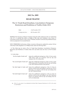 Grantham, Lincolnshire) (Temporary Restriction and Prohibition of Traffic) Order 2012