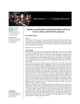 Studies on Antioxidant and Antimicrobial Activity of Acorus