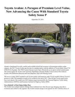 Toyota Avalon: a Paragon of Premium Level Value, Now Advancing the Cause with Standard Toyota Safety Sense P