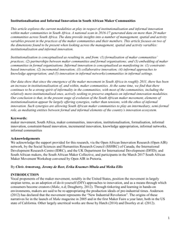 Institutionalisation and Informal Innovation in South African Maker Communities This Article Explores the Current Modalities At