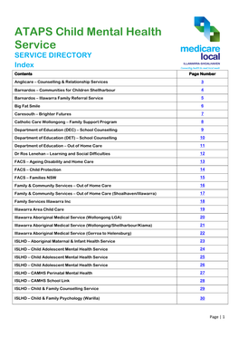 ATAPS Child Mental Health Service SERVICE DIRECTORY Index Contents Page Number Anglicare – Counselling & Relationship Services 3