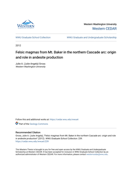 Felsic Magmas from Mt. Baker in the Northern Cascade Arc: Origin and Role in Andesite Production