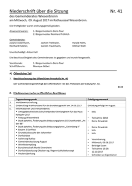 Niederschrift Über Die Sitzung Nr. 41 Des Gemeinderates Wiesenbronn Am Mittwoch, 09