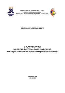 O PLANO DE PODER DA IGREJA UNIVERSAL DO REINO DE DEUS: Estratégias Territoriais Da Expansão Neopentecostal No Brasil