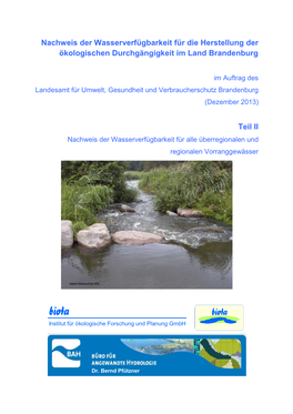Nachweis Der Wasserverfügbarkeit Für Die Herstellung Der Ökologischen Durchgängigkeit Im Land Brandenburg