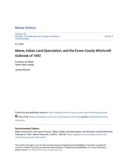 Maine, Indian Land Speculation, and the Essex County Witchcraft Outbreak of 1692