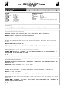 CFL Game Details WEEK #05 - GAME #27 - YEAR 2013 SASKATCHEWAN Roughriders @ HAMILTON Tiger-Cats July 27, 2013 - 19:30:00 Guelph, , ON