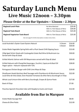 Saturday Lunch Menu Live Music 12Noon – 3.30Pm