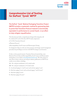 Comprehensive List of Testing for Dupont™ Tyvek® MPTP